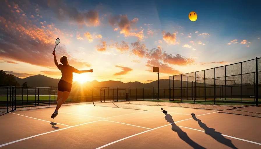 Pickleball Community and Culture: A Global Perspective 4 An image that shows the origins of pickleball using visual cues such as a wooden paddle, a wiffle ball, and a tennis court. Capture the essence of a small community coming together to create something new and fun