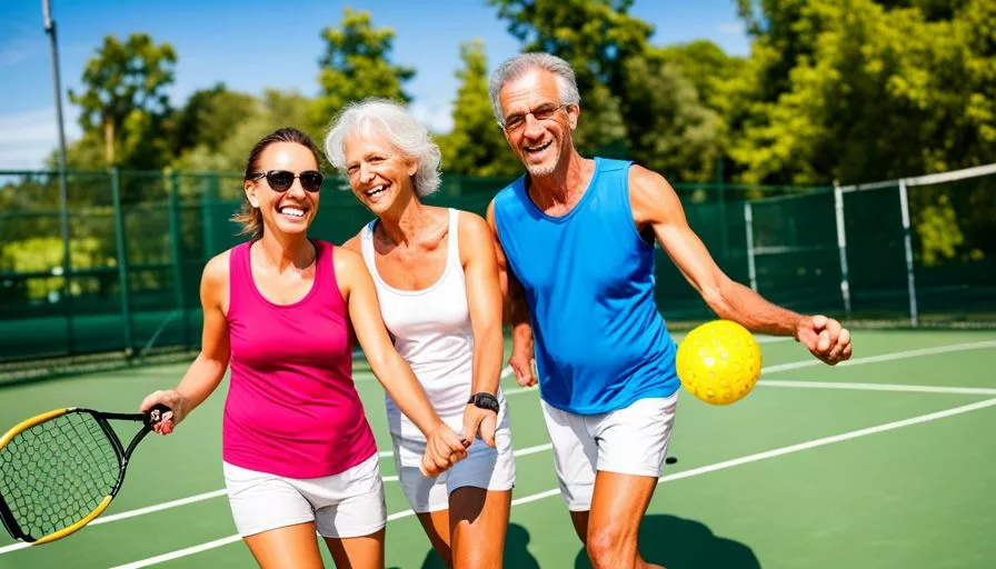 Pickleball for Couples: The Ultimate Date Idea 4 An image of a couple playing pickleball on a sunny court, surrounded by greenery and colorful paddles. They are smiling and laughing as they enjoy each other's company and the game